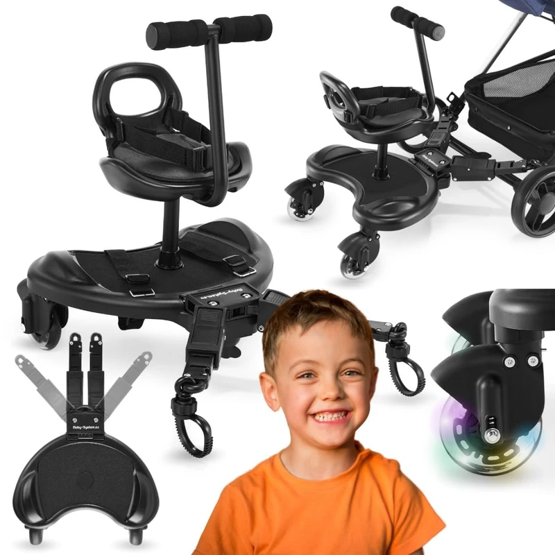 Moby-System Universal Platform Board for a Pram with a Seat for The Older Child fits Any Trolley, LED Wheels, Sit Stroller Board, Pram Pushchair Connector, Seat Standing Board, Black