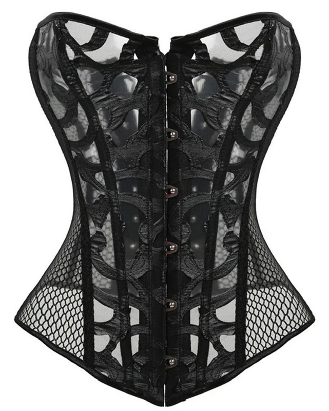 Kelvry Women's Sexy Satin Waist Cincher Lace up Boned Overbust Corset Basque Bustier Top Black 6-24 (8-10, Black)