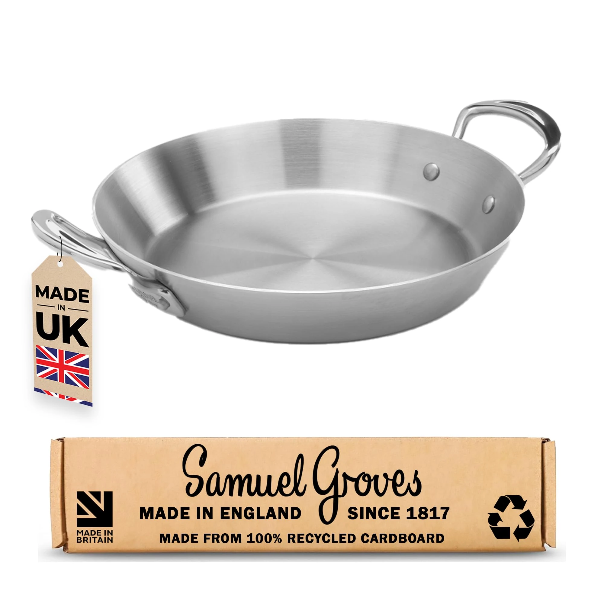 Samuel Groves 26cm Stainless Steel 3-Ply Paella Pan – Rapid Heat Distribution, Durable Design, Riveted Handles, Induction Compatible, UK Made