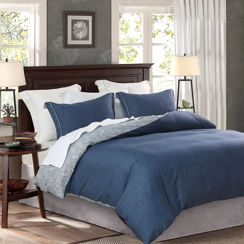SLEEPBELLA Comforter King Size, 600 Thread Count Cotton Navy & Grey Leaves Reveisible Comforter Sets, Down Alternative Bedding Set 3Pcs(King, Navy&Blue Leaves)
