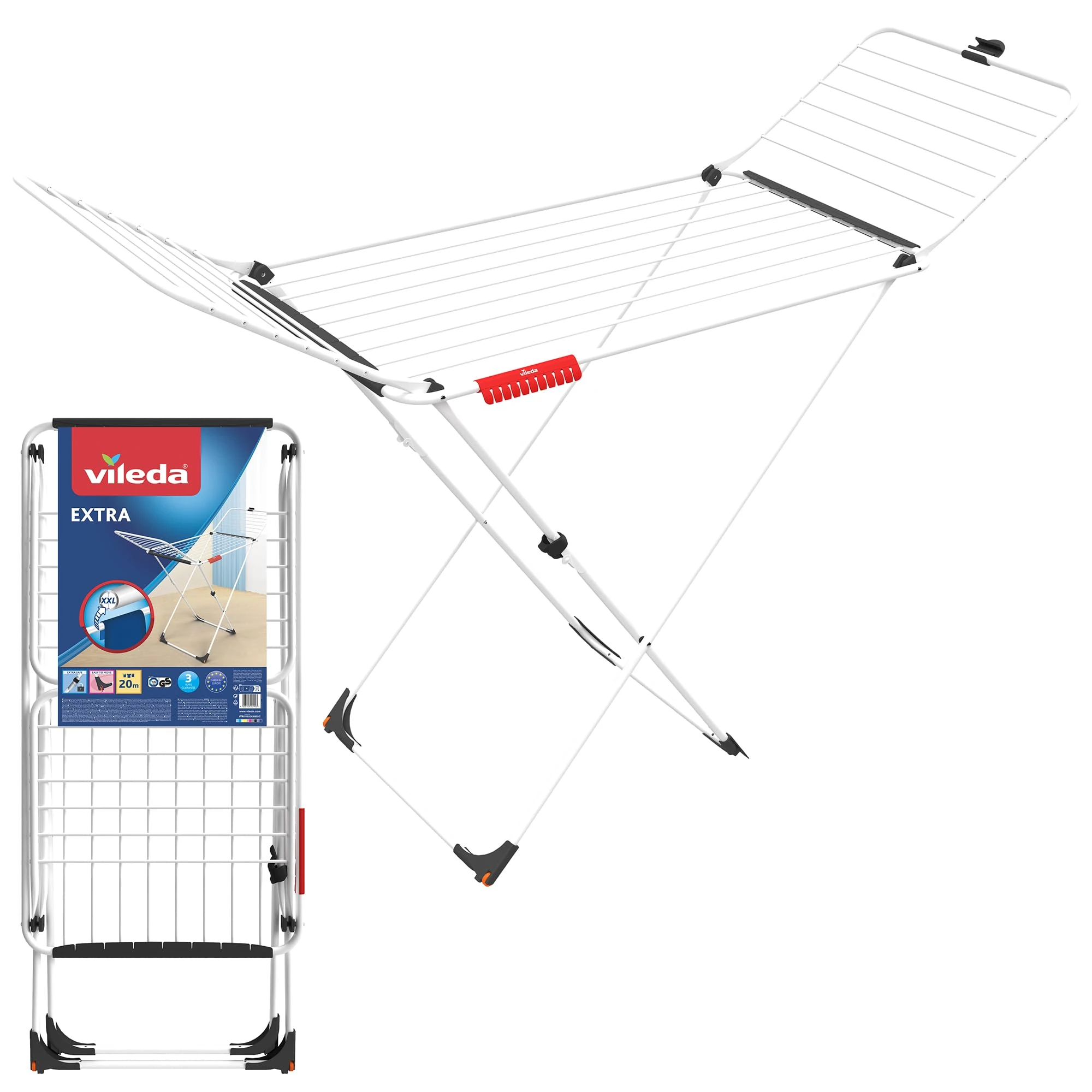 Vileda Extra X-Legs Clothes Airer, Indoor Drying Rack, 20 Metre Drying Space, Foldable Compact Clothes Dryer, Thick Wires for Fewer Creases, Wheels to Easily Manoeuvre