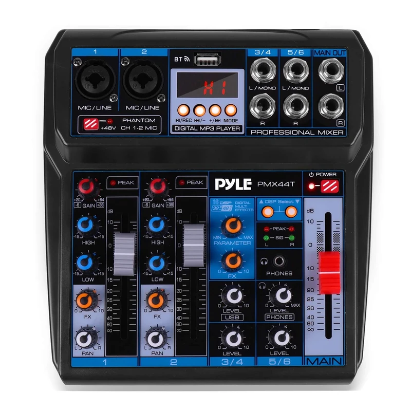 Professional Wireless DJ Audio Mixer - 6-Channel Bluetooth Compatible DJ Controller Sound Mixer w/DSP Effects, USB Audio Interface, Dual RCA in, XLR/1/4 Microphone in, Headphone Jack - Pyle PMX44T