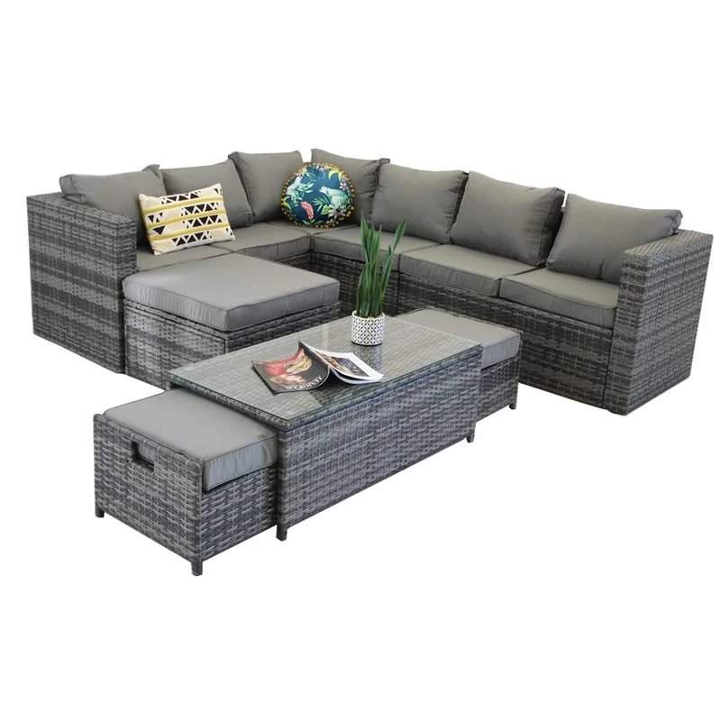 Yakoe Vancouver 9 Seater Corner Rattan Garden Set In Grey With Fitting Cover - Image 1