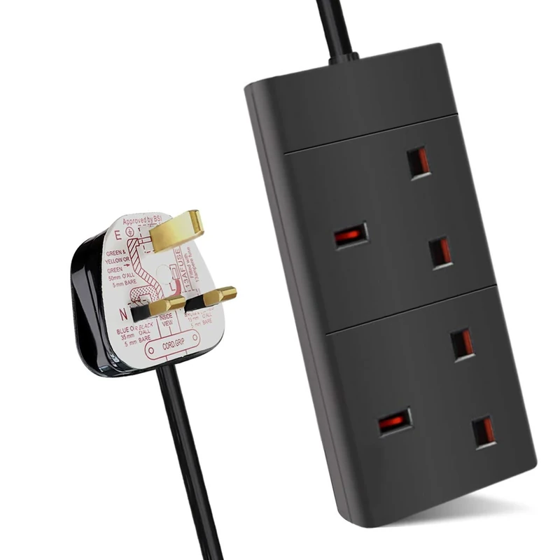 ExtraStar 2 Way Extension Lead, 13A Fused UK Plug Extension Socket, 2M Extension Cable Power Strip - Black
