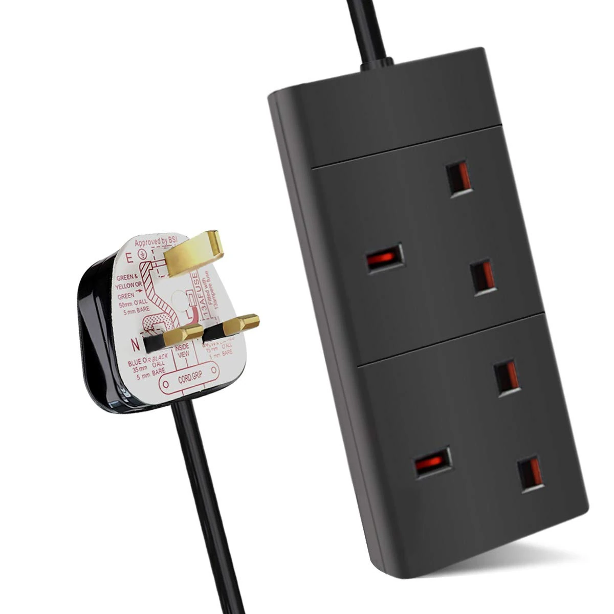 ExtraStar 2 Way Extension Lead, 13A Fused UK Plug Extension Socket, 1M Extension Cable Power Strip - Black