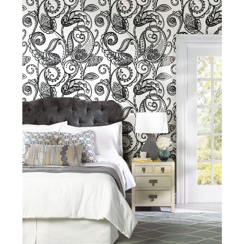 ROOMMATES RMK11591PNL Paisley Power Black White Paisley Wallpaper 4 Panels 18" x 10ft Long