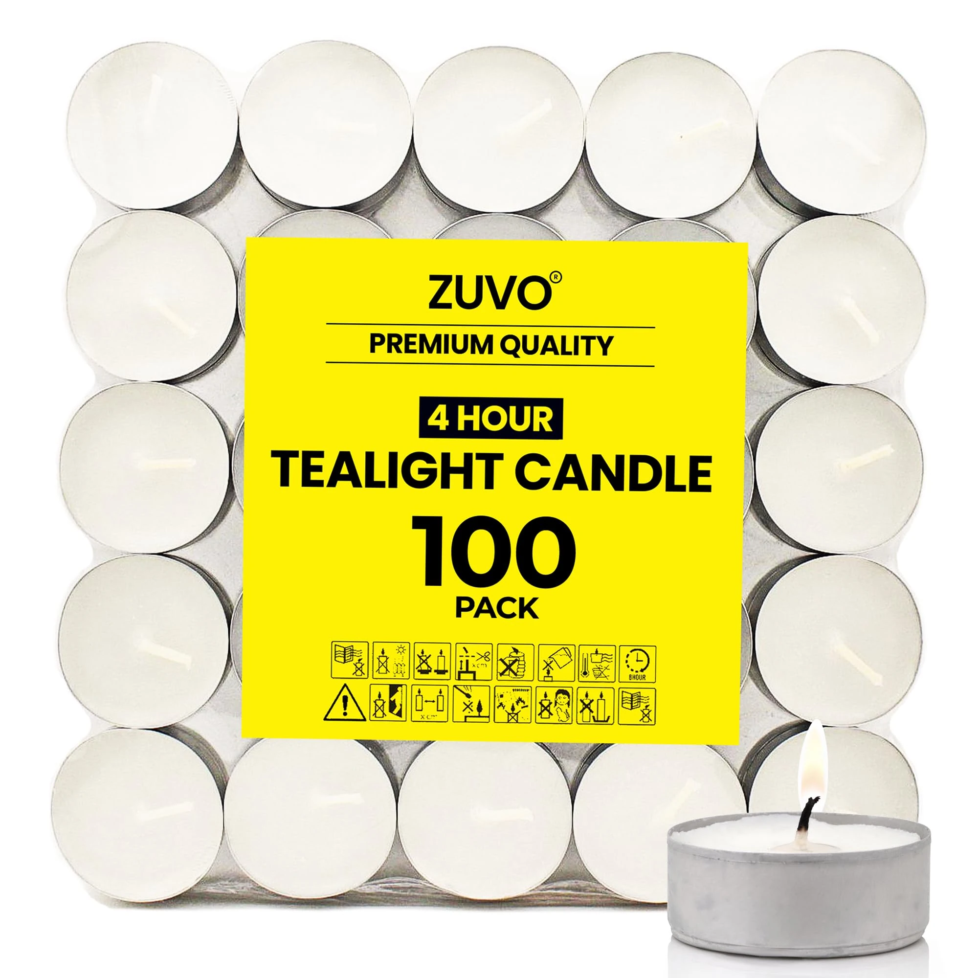 Zuvo 4-Hour Unscented Tea Light Candles (100-Pack) - Long-Lasting with Cotton Wicks, Clean Burning, 3.8 × 1.3 cm, White