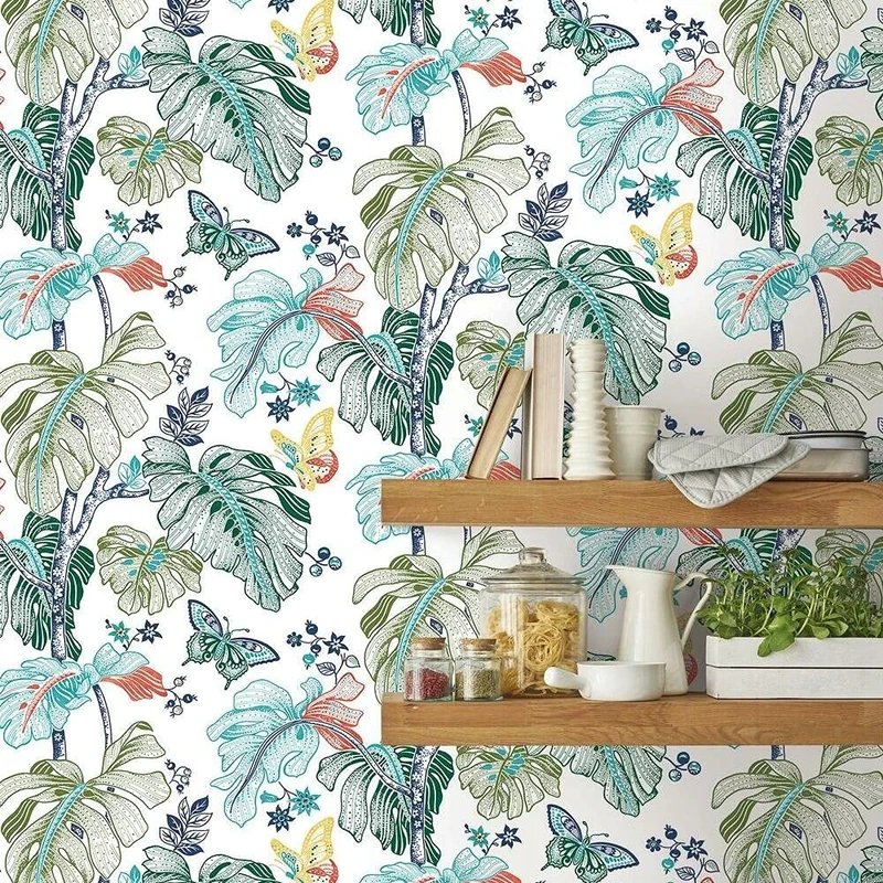 RoomMates RMK11587RL Orange & Blue Palm Tree Self Adhesive Wallpaper