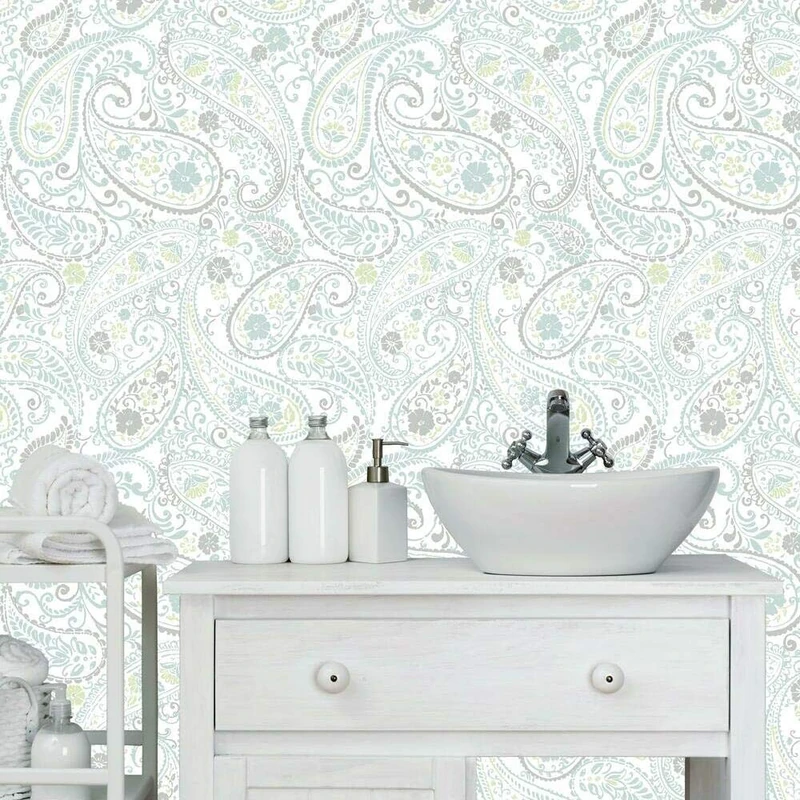 RoomMates RMK11583RL Gray and Teal Paisley Prince Peel and Stick Wallpaper