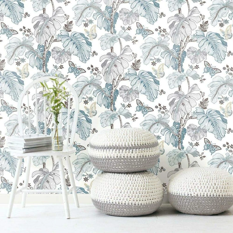 RoomMates RMK11584RL Blue and Grey Boho Palm Peel and Stick Wallpaper