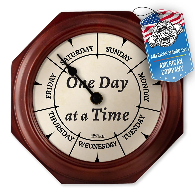 DayClocks Classic One Day at a Time Clock – Day of The Week Clock – Day to Day Clock with Noon & Midnight Markers – 9.5” Mahogany Wall Clock - Image 1