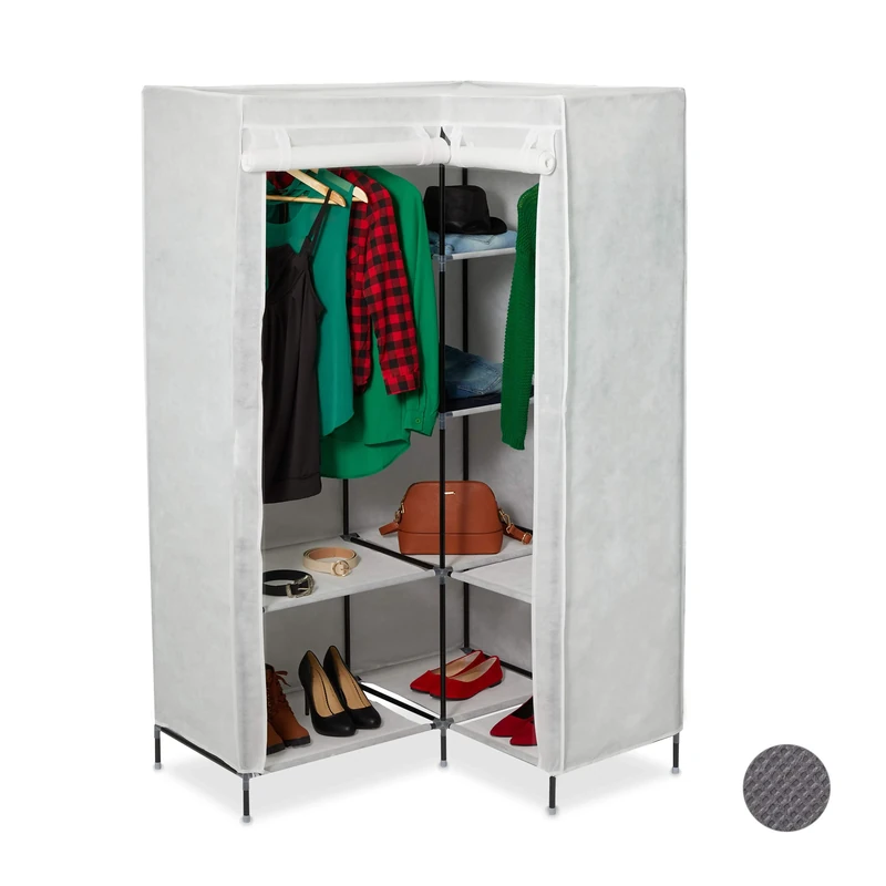 Relaxdays Corner Canvas Wardrobe 3rd Generation, 8 Tiers, 2 Rails, Plug-In System, 169 x 100 x 83 cm