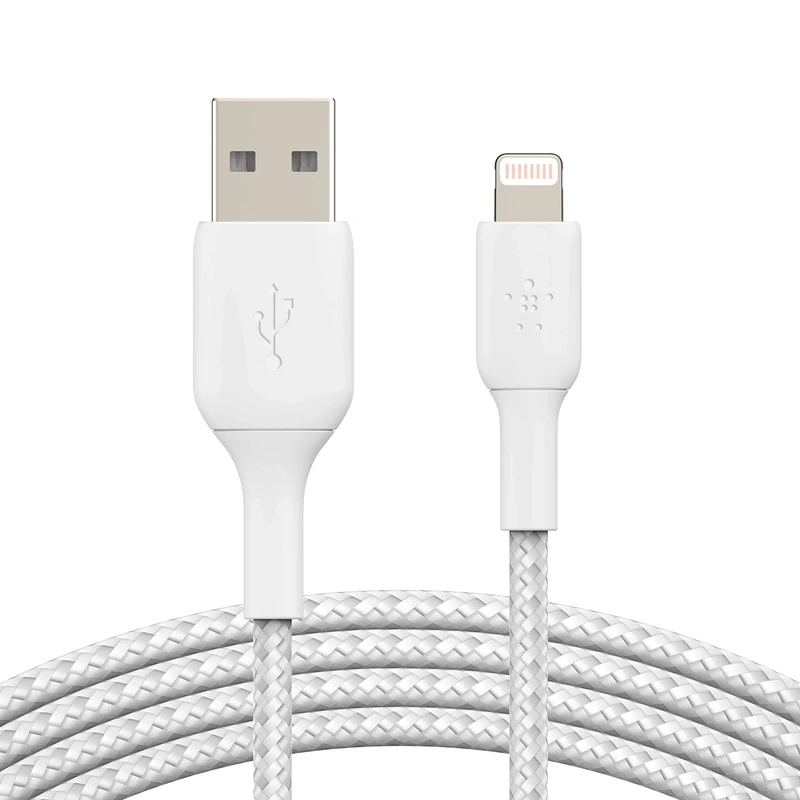 Belkin CAA002bt2MWH Braided Lightning Cable (Boost Charge Lightning to USB Cable for iPhone, iPad, AirPods) MFi-Certified iPhone Charging Cable, White, 2 m