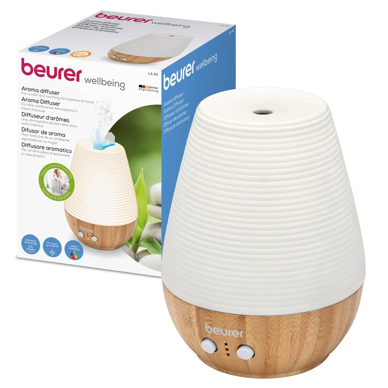 Beurer LA40 Aroma Diffuser, Fragrance diffuser with ultrasonic atomisation, With wellness light and colour change, Made of real bamboo and porcelain