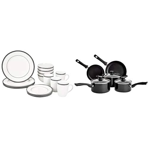 Amazon Basics Cafe Stripe Dinnerware Set with 16-Pieces - Black 5 Piece Non Stick Induction Cookware Set, Including Frying Pan, Saucepan and Casserole with Lids, PFOA&BPA Free