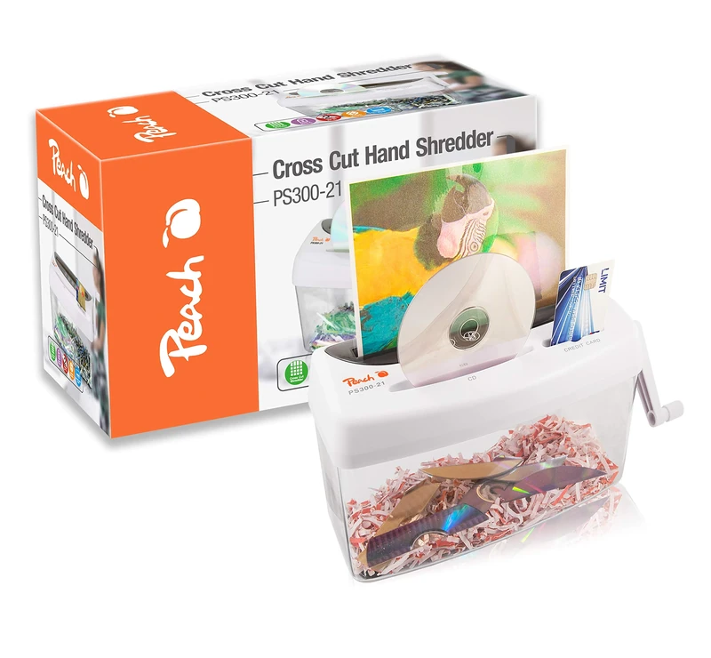Peach Particle Cut Shredder – 1 Sheet – 4 L – P-4 – Paper CDs and Credit Cards – Manual Cross Cut – Power Independent – DSGVO 2018 – PS300-21A - Image 1