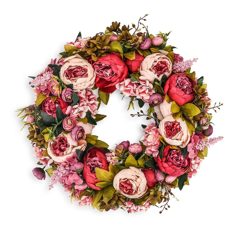 BOMAROLAN Artificial Peony Flower Wreath 19Inch Vintage Blooming Silk Peonies Spring Summer Fall Winter Large Wreaths Flower Green Leaves for Outdoor Front Door Indoor Wedding Wall Or Window Décor