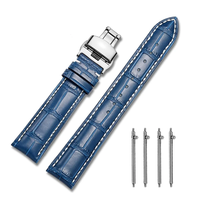MUENShop Leather Watch Straps Quick Release Polished Deployment Buckle,18mm 20mm 22mm 24mm Black Brown Blue Green Classic Design Calf Leather Replacement Watch Band for Men Women