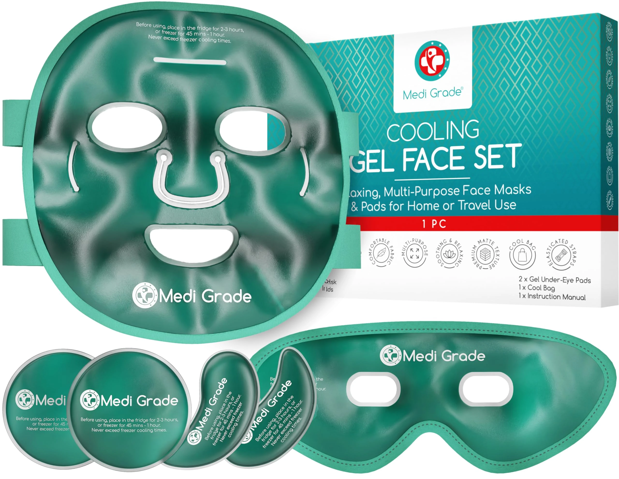 Medi Grade Cooling Face Mask set with Cooling Eye Mask for Puffy Eyes and Insulated Thermo-bag - Soothing Gel Ice Face Mask and Eye Ice Mask for Dark Circles and Puffiness - Cold Face Relaxation