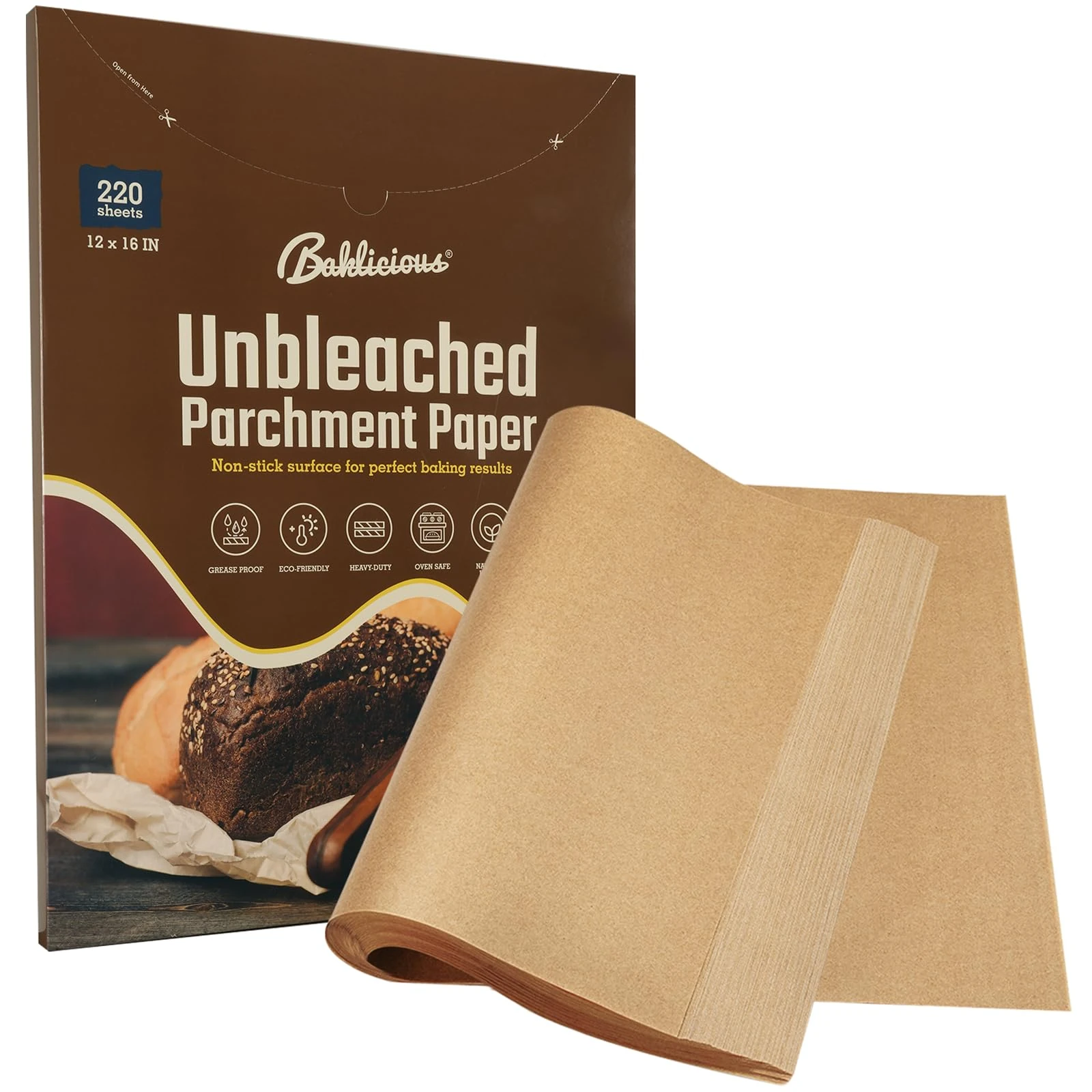 220 Pcs 12x16 in(30.5x40.6cm) Unbleached Parchment Paper Baking Sheets, Baklicious Pre-Cut Heavy Duty Parchment Baking Paper for Air Fryer, Oven, Bakeware, Steaming, Cooking Bread, Cupcake, Cookies