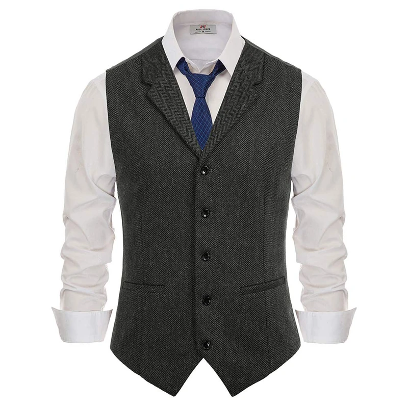 PAUL JONES Mens Herringbone Tweed Waistcoat Tailored Collar Slim Fit Suit Vest - grey - Large