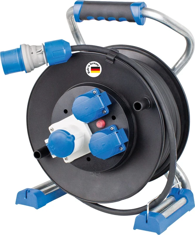 as - Schwabe CEE Outdoor Cable Reel 25 m with New Powerlight Voltage Display on CEE Plug, 2 Earthing Contact & 1 CEE Socket 3-Pin Outdoor Splash Protection IP44, Black, Xperts I 22176