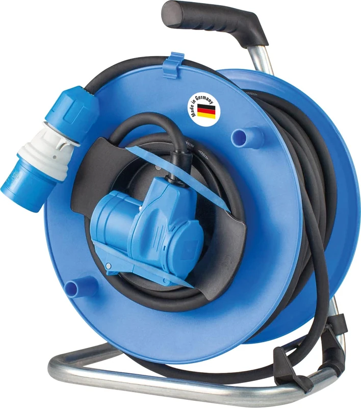 as - Schwabe Camping Gerätekabeltrommel 25m Verlängerung + CEE-Stecker mit neuer powerlight Spannungsanzeige, 1,5m Anschlussleitung mit CEE Winkel-Kupplung & Steckdose, IP44 Spritzwasserschutz | 12274 - Image 1