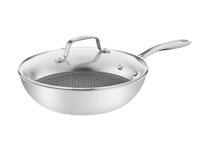 Tefal E49716 Eternal Mesh Wok Pan, 28 cm, with Scratch-Resistant Mesh Coating, PFOA Suitable for All Hob Types, Including Induction Hobs, Including Glass Lid, Stainless Steel