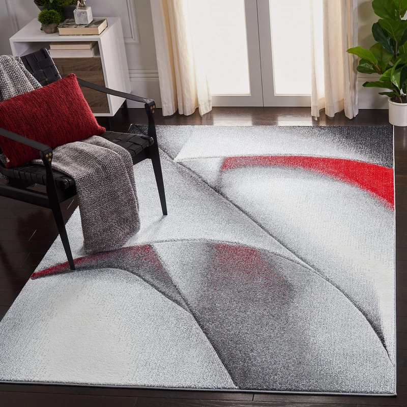 SAFAVIEH Modern Rug for Living Room, Dining Room, Bedroom - Hollywood Collection, Short Pile, in Grey and Red, 79 X 152 cm