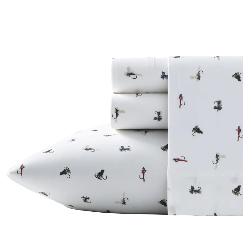 Eddie Bauer - Twin XL Sheets, Cotton Percale Bedding Set, Crisp & Cool Home Decor (Fishing Flies White, Twin XL)