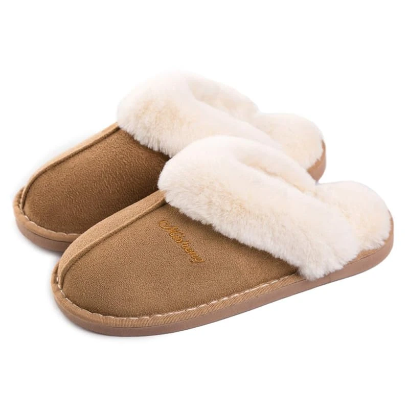 Misolin Womens Slipper Memory Foam Fluffy Slip-on House Suede Fur Lined/Anti-Skid Sole, Indoor & Outdoor,8.5/9.5 UK, Light Brown