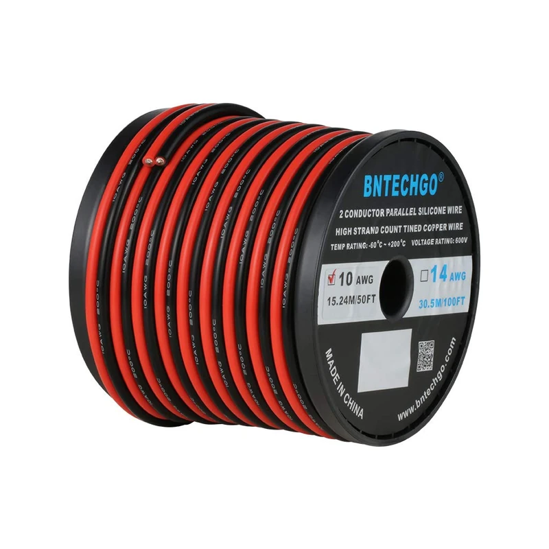 BNTECHGO 10 Gauge Flexible 2 Conductor Parallel Silicone Wire Spool Red Black High Resistant 200 deg C 600V for Single Color LED Strip Extension Cable Cord,Model,50ft Stranded Tinned Copper Wire