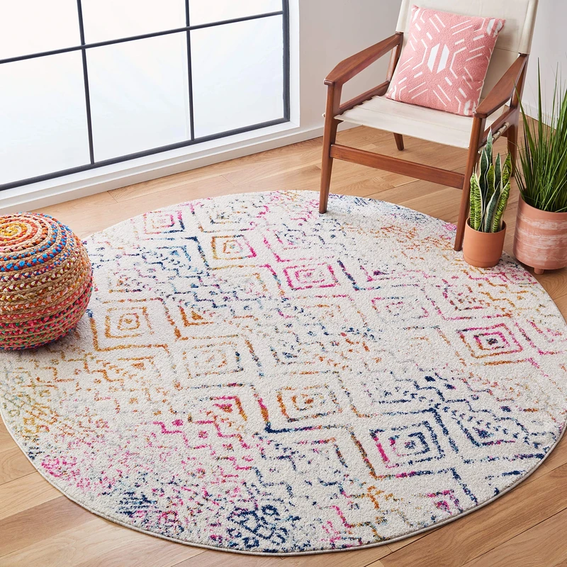 Safavieh Boho Rug for Living Room, Dining Room, Bedroom, Tulum Collection, Short Pile, in Ivory and Fuchsia, 200 x 200 cm