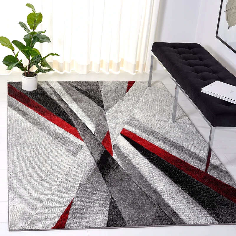 Safavieh Modern Graphic Indoor Woven Rectangle Area Rug, Hollywood Collection, HLW710, in Grey/Red, 201 X 274 cm for Living Room, Bedroom or Any Indoor Space