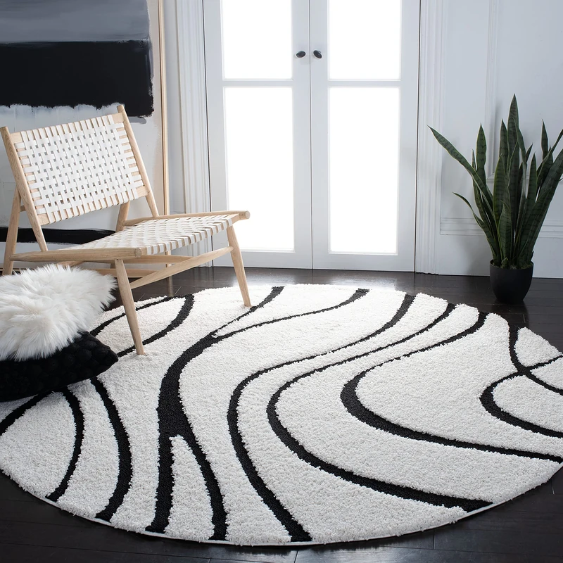 Safavieh Shag Rug for Living Room, Dining Room, Bedroom - Florida Shag Collection, High Pile, in Cream and Black, 200 x 200 cm