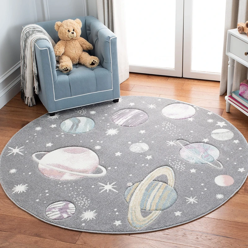 Safavieh Contemporary Rug for Living Room, Dining Room, Bedroom - Carousel Kids Collection, Short Pile, in Grey and Lavender, 160 x 160 cm