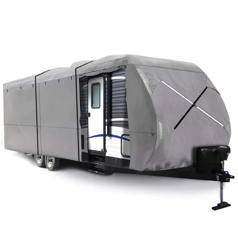 XGEAR Thick 3-Ply Top Panel Travel Trailer Cover- Ripstop Waterproof RVs Covers with Storage Bag and Windproof Buckles (14'-16')