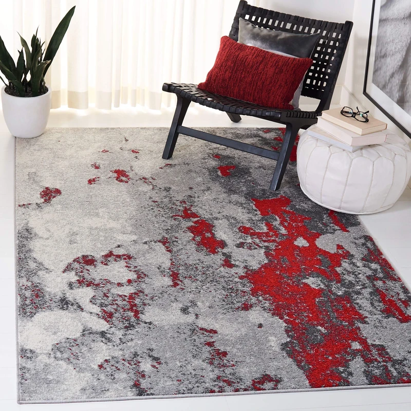 SAFAVIEH Abstract Rug for Living Room, Dining Room, Bedroom - Adirondack Collection, Short Pile, in Red and Grey, 183 X 274 cm