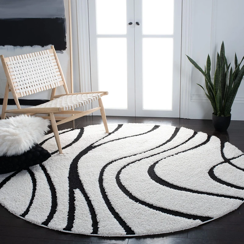 Safavieh Shag Rug for Living Room, Dining Room, Bedroom - Florida Shag Collection, High Pile, in Cream and Black, 122 X 122 cm