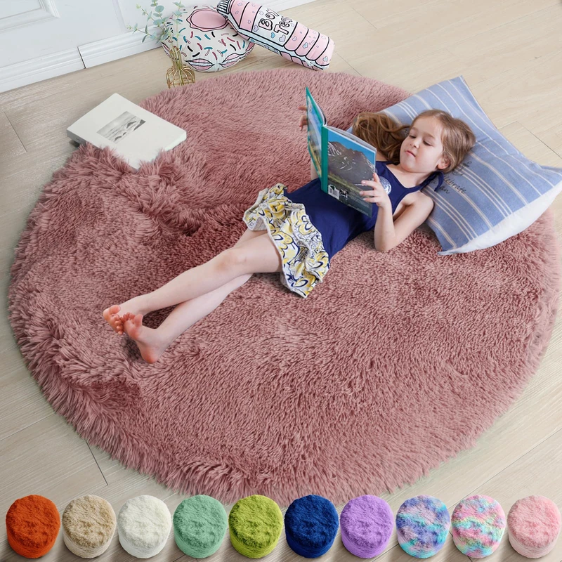 Amdrebio Round Fluffy Rug, 5'X5', Blush, Perfect for Kids Room, Machine Made, Polyester, Rubber, Anti-slip (Rubber Backing), Home Decor, Kids' Room, Gifting