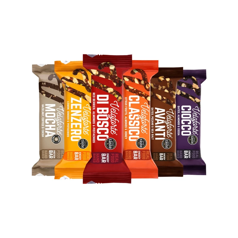 Veloforte Natural Energy Bars, 33g-36g Dual Source Carbs 24 Bar Mixed Flavour Pack, Gluten Free, Soft & Chewy for Cycling, Running, Triathlons and Healthy Snacking, Great Taste Award Winning