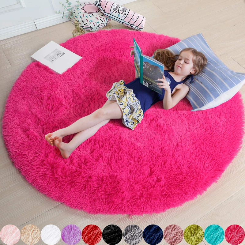 Hot Pink Round Rug for Bedroom, Kids Room & Nursery - Fluffy, Shaggy, Fuzzy Plush Carpet, 4'X4'