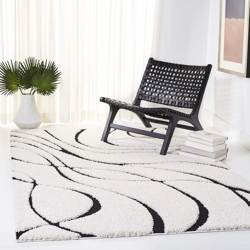 Safavieh Florida Shag Collection Shaggy Rug for Living Room Dining Room Bedroom High Pile Cream and Black 4ft x 4ft