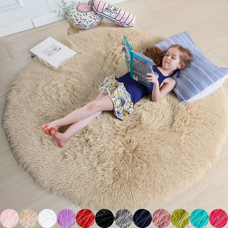 Amdrebio Beige Round Fluffy Rug - 4'x4' Shaggy Carpet for Kids