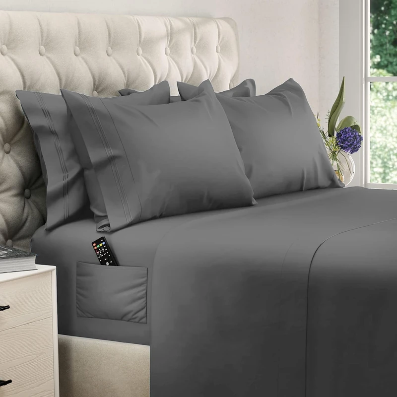 DREAMCARE California King Sheet Sets - 6 pcs Breathable Cooling Bed Sheets - up to 21" Extra Deep Cal King Sheets with Side Pockets - Extra Soft 100% Brushed Hypoallergenic Hotel Luxury Bedding D-Gray