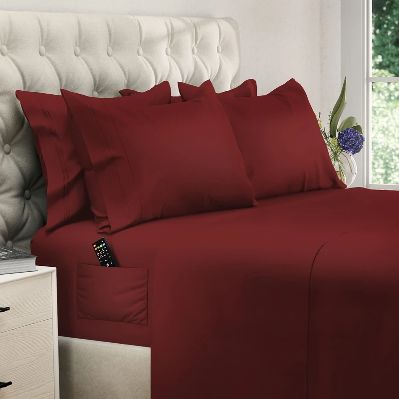DREAMCARE California King Sheet Sets - 6 pcs Breathable Cooling Bed Sheets - up to 21" Extra Deep Cal King Sheets with Side Pockets - Extra Soft 100% Brushed Hypoallergenic Hotel Luxury Bedding Brgndy