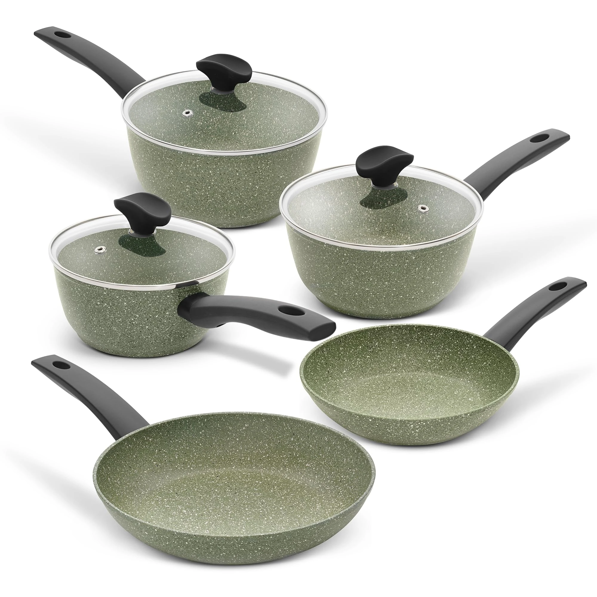 Prestige Eco Non Toxic Pots and Pans Sets Non Stick - 5 Piece Induction Hob Pan Set, PFOA Free Cookware, Dishwasher Safe Cookware Made in Italy of Recyclable Materials, Green
