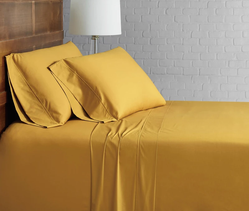 Brooklyn Loom Solid Cotton Percale Mustard Twin XL Sheet Set, Yellow - Image 1