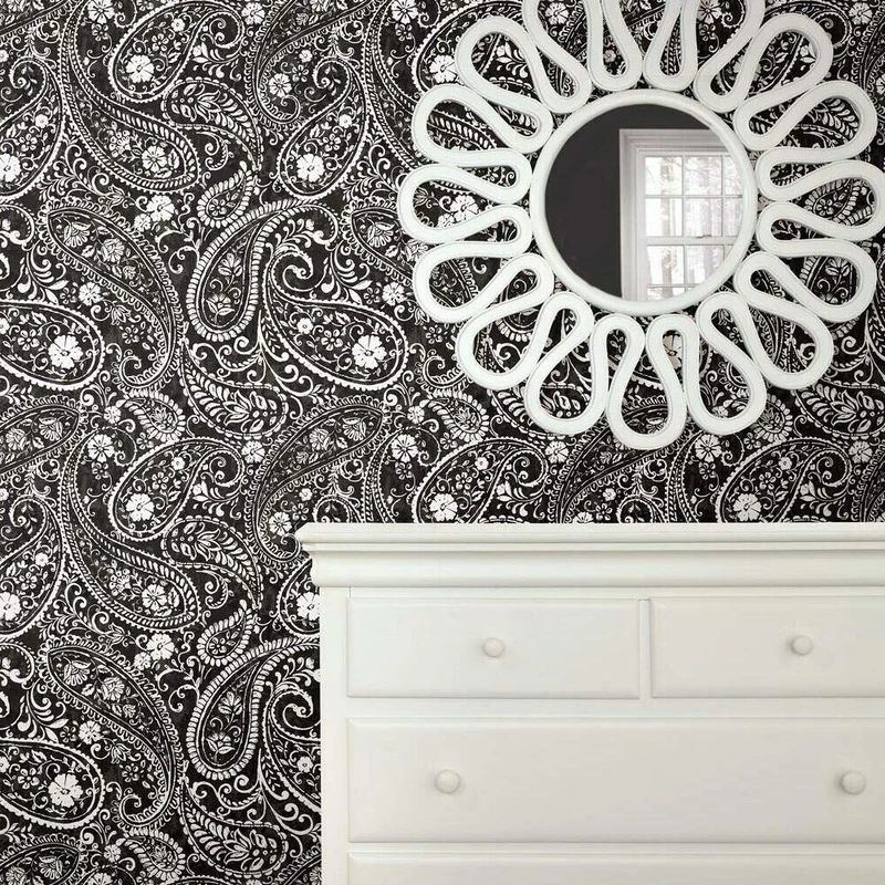 RoomMates RMK11582RL Black Paisley Prince Peel and Stick Wallpaper, Black, Sample
