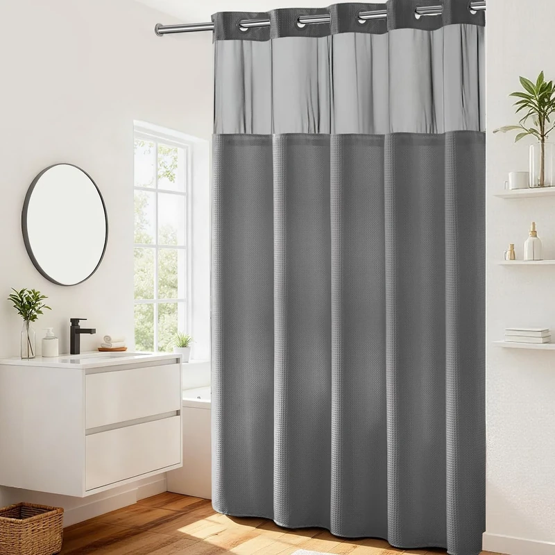 River Dream No Hooks Required Waffle Weave Shower Curtain with Snap in Liner -Extra Long 71W x 86H,Hotel Grade,Spa Like Bath Curtain,Gray